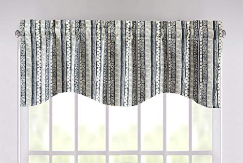 Dada Bedding Denim Blue Elegance Window Curtain - Semi Sheer Valance Floral Botanical Striped Scalloped Tailored Edge Kitchen Decor - 18" X 52" #TOP1
