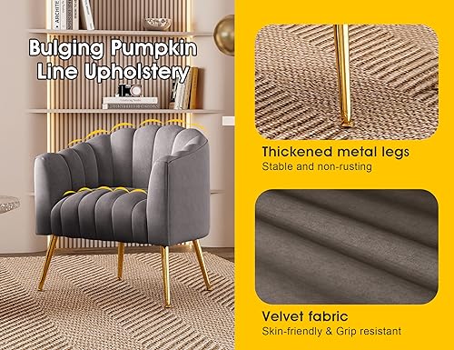 Image of Dewhut Oversized Pumpkin Couch Accent Chair, Modern Comfy Velvet Upholstered Barrel Chairs, Luxury Single Sofa Armchair for Living Room, Waiting Room, Office and Vanity, (Grey)
