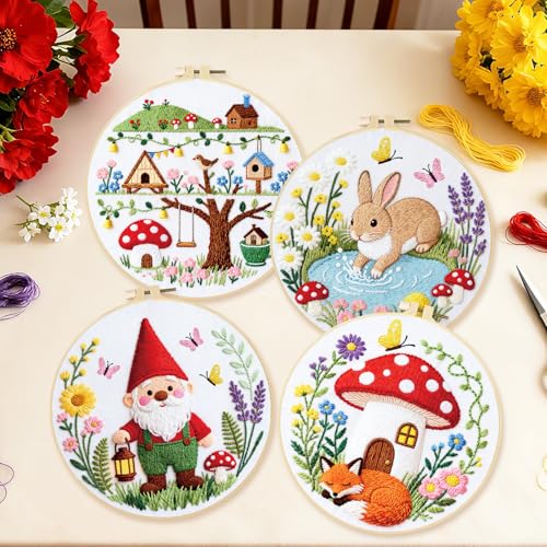 Image of BEUNITONE 4 Set Embroidery Kit for Beginners, Fairy Tale Pattern Cross Stitch Kits, Needlepoint Kits for Adults with Instructions and Full Kit, Funny Hand Embroidery Patterns for Cloth and Home Decor