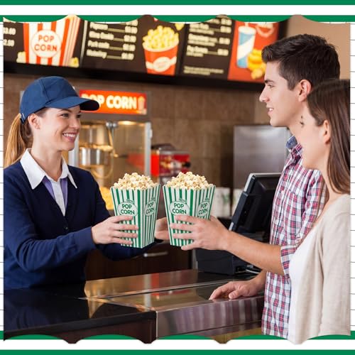 Image of Xinnun 100 Pcs Popcorn Boxes 32 oz Classic Stripe Paper Popcorn Buckets Bulk Disposable Oil Proof Container Vintage Retro Open Top Holders for Movie Night Supply Theater Carnival Party(Green)