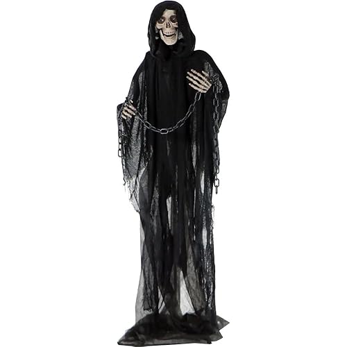 Haunted Hill Farm Life-Size Scary Grim Reaper with Chain, Halloween Animatronic with Touch Activated Lights and Sounds, Battery Operated Indoor or Covered Outdoor Halloween Decorations, Halloween Prop