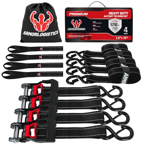 Ratchet Straps Heavy Duty (1.5in x 15ft) - 5,250lb Break Strength Motorcycle Tie Downs with 15ft Soft Loops - 4Pack Ratchet Tie Down Straps for Motorcycles, Truck, Cargo, Storage Bag (Black)