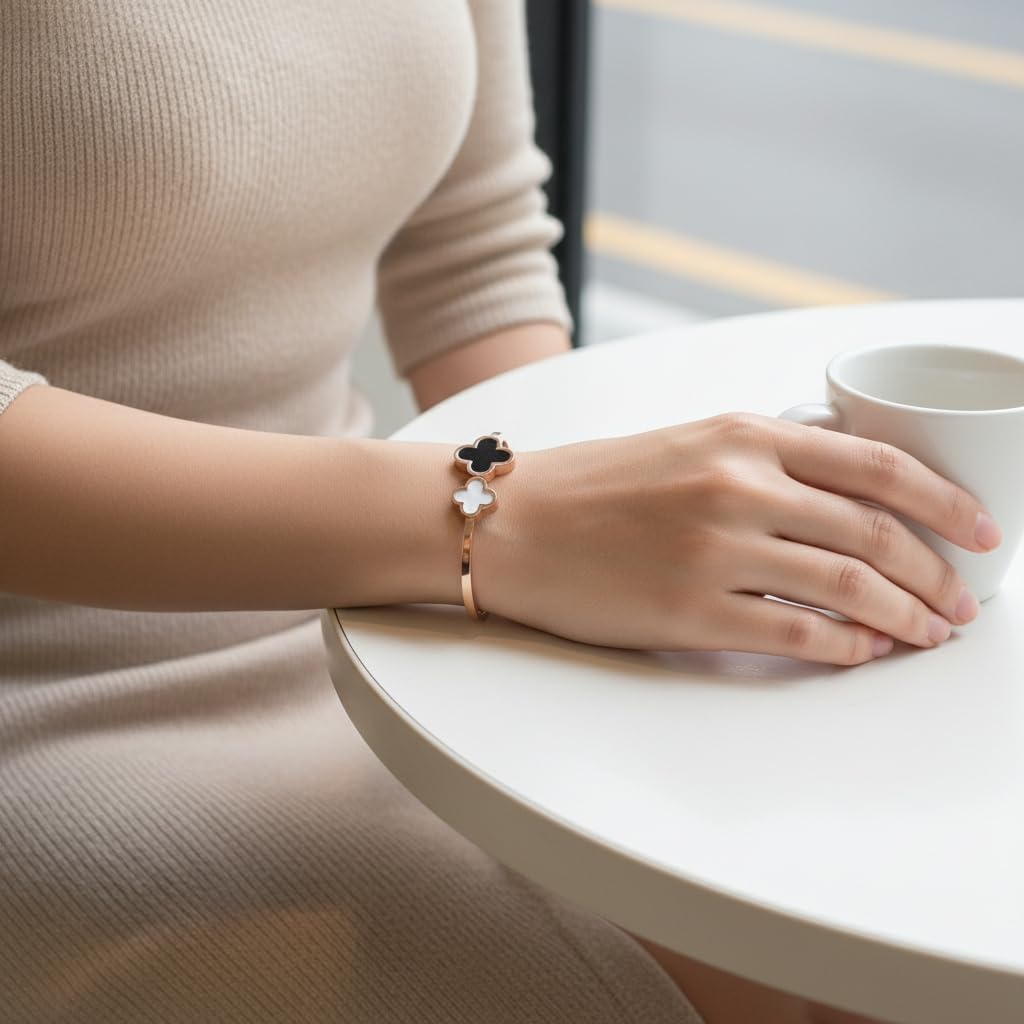 18K Gold Plated Four Leaf Clover Bracelet for Women. Trendy Clover Women's Gold Bracelet. Best Clover Bracelet Jewelry Gift for Women. - Image 6