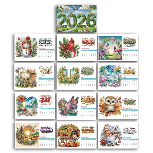 Calendrier 2026 avec peinture diamant - Décorations de Noël - Kit de peinture diamant de forme irrégulière - Calendrier de bureau pour salon, chambre à coucher, bureau, cadeau