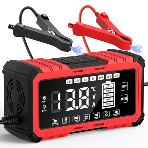 12V20A/24V10A Cargador de Batería para Coche, Inteligente Cargador de Batería, 10 Etapas de Carga, 7 Modos de Funcionamiento, con Pantalla LCD, para Auto, Moto, Camiones, AGM, Gel,SLA,LiFeP04