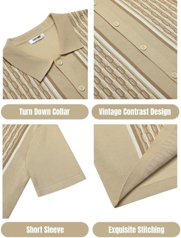 COOFANDY Men's 2 Piece Outfit Vintage Short Sleeve Button Down Knit Polo Shirts Casual Beach Shorts Sets - Image 5