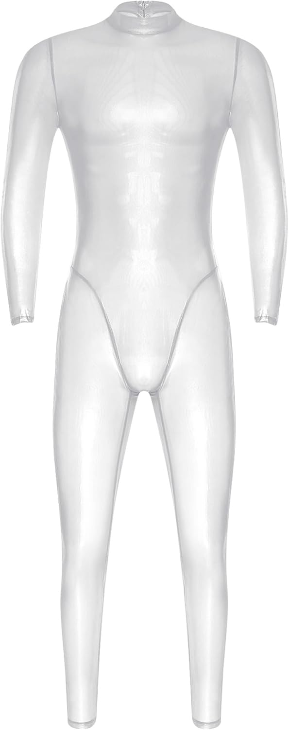 Oyolan Men Glossy Full Bodysuit Long Sleeve Jumpsuit Sheer Silky Romper for Club Party Workout Cosplay