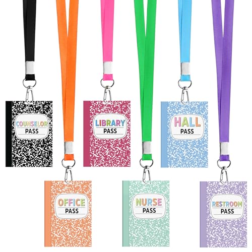 18 Pack Composition Hall Passes Lanyards Unbreakable PVC Classroom Passes Pastel Notebook Style Pass for Boys Girls Bathroom Library Office Nurse Back to School Gifts, 2.8 x 3.9 Inch