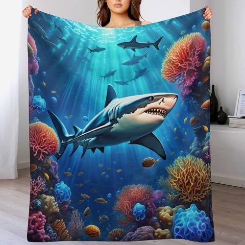 PAZZK Kuscheldecke Hai Decke Tagesdecke - Weiche Flannel Decke Mit Muster Sofadecke - Baumwolldecke Wohndecke Sofaüberwurf Bettüberwurf （140×180cm）