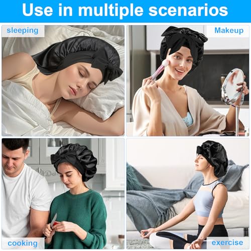 2pcs Bonnet Sleep Cap und 2pcs Haargummi Schwarz , Seidenhaube Zum Schlafen Lange Haare Haar Haube Zum Schlafen Seiden Haarhaube für Die Nacht Seidenhaube Haare Schlafhaube Seide Lange Haare SchüTzen