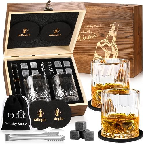 Whisiskey zestaw szklanek do whisky, kamienie do whisky, zestaw prezentowy, 8 kamieni do whisky i 2 skręcone szklanki do whisky i 2 podstawki, prezent dla mężczyzn