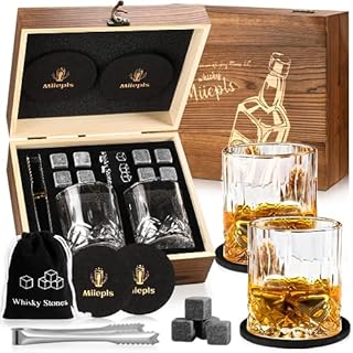 Whisiskey zestaw szklanek do whisky, kamienie do whisky, zestaw prezentowy, 8 kamieni do whisky i 2 skręcone szklanki do whisky i 2 podstawki, prezent dla mężczyzn