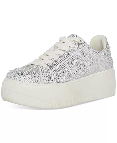 Steve Madden Rockaway-R White Lace Up Rounded Toe Low Top Fashion Sneakers (White Rhinestone, 8) #TOP26