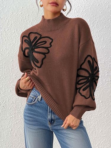 Women's Floral Embroidered Sweater Print High Neck Ribbed Knit Pullover Graphic Jumper Lantern Sleeve Crochet Top2