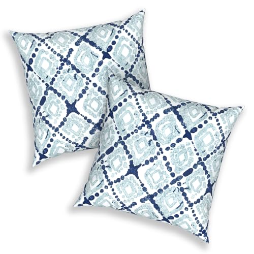 Melody Elephant 20x20 Inch Pack of 2 Patio Throw Pillow Covers ONLY, Water Repellent Cushion Cases, Square Pillowcases for Outdoor Couch Decoration, Boho Geometry Blue