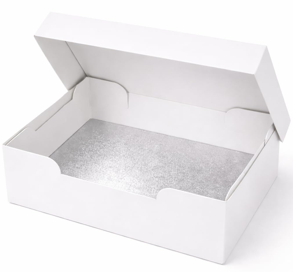 Natural Cuisine White 16 X12 Inch Rectangle Cake Box With Cake Board – Strong Bakery Cake Boxes With Silver Fern Cake Board – Professional Cake Packaging For Bakers