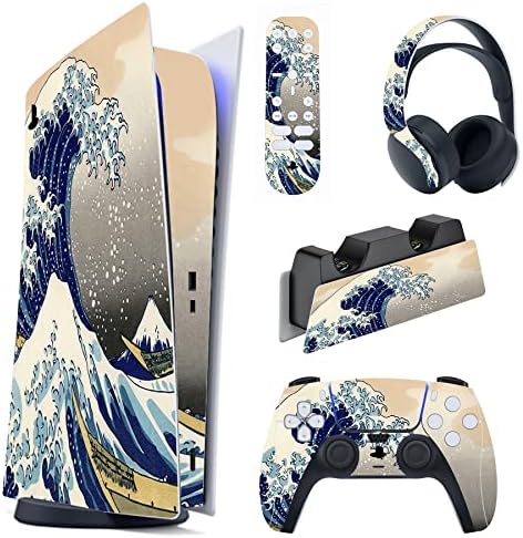 PlayVital Full Sticker for PS5 Digital Edition - Big Wave Double Side Vinyl for Console, Controller, Charging Station, Remote, Earphones