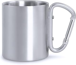 TIENDA EURASIA - Taza de Acero con Mosqueton, 7,5x11,5cmx8cm de Diametro, 210 ml, Mosquetón Atornillado, Acero Inoxidable, Ideal para Senderismo, Camping y Trekking, Taza Térmica (Taza Plata)