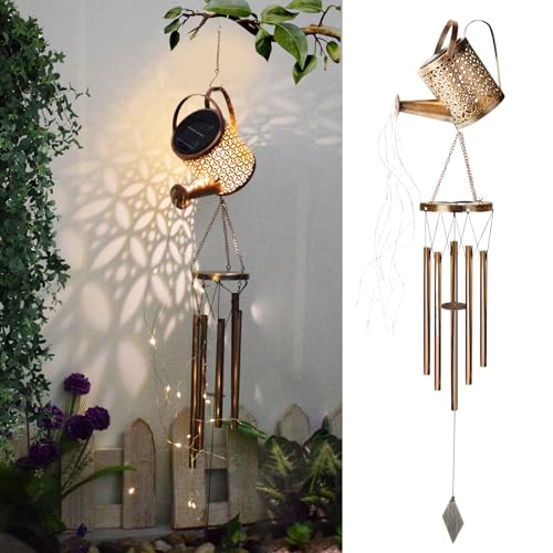 Hiyorsoa Wind Chimes for Garden, Solar Watering Can Lights Wind Chimes Outdoor Solar Lights Outdoor...