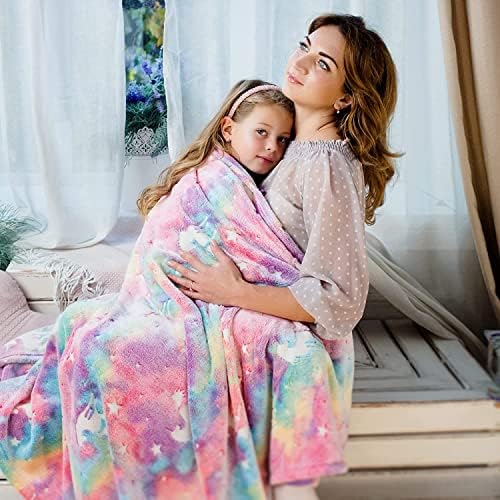 URBANBRIDGE Glow in The Dark Throw Blanket - Super Soft Fuzzy Plush Fleece - Decorated with Glowing Unicorn and Stars for Kids Women Teens Toddlers, 130x170 cm