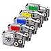 Produktbild UniPlus 5x Kompatible Schriftband als Ersatz für Casio XR-12WE XR-12RD XR-12BU XR-12GN XR-12YW Etikettenband 12mm für Casio KL-60 70E 100 100E 120 200 200E, Schwarz auf Weiß/Rot/Blau/Grün/Gelb