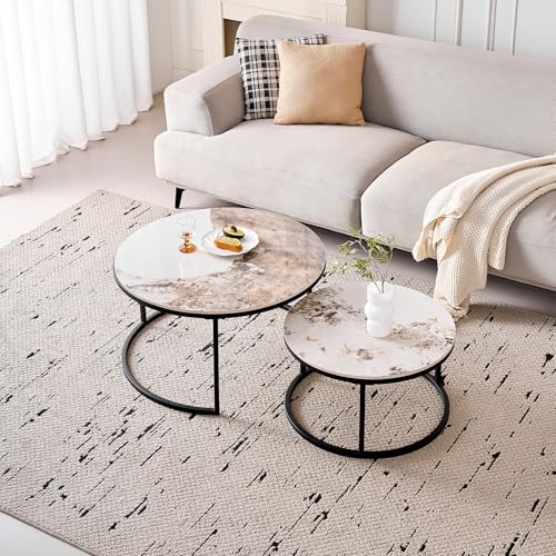 BenyLed Lot de 2 Tables Basses Gigognes avec Plateau en Céramique Pierre, Table Basse Ronde, Convient pour Salon, Chambre, Bureau et Balcon (Pandora/Noir), 70 * 70 *...