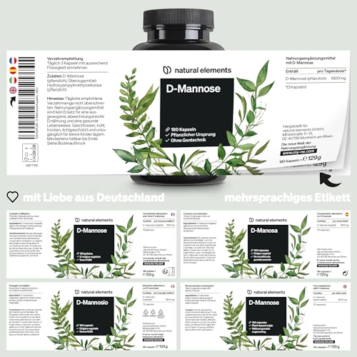 natural elements D-Mannose – 180 Kapseln – 1800mg D-Mannose pro Tagesdosis – vegan, optimal dosiert, ohne unerwünschte Zusätze – in Deutschland produziert & laborgeprüft