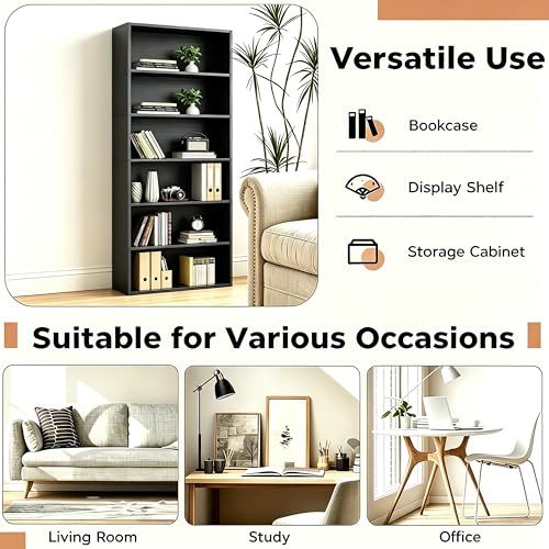 Image of HealSmart 6 Tier Bookcase, Industrial 6 Book Shelf, 9.2 inch D x 23.8 inch W x 63 inch H Tall Open Cube Storage Organizer for Home Office, Living Room, Bedroom and Dinning Room, Black