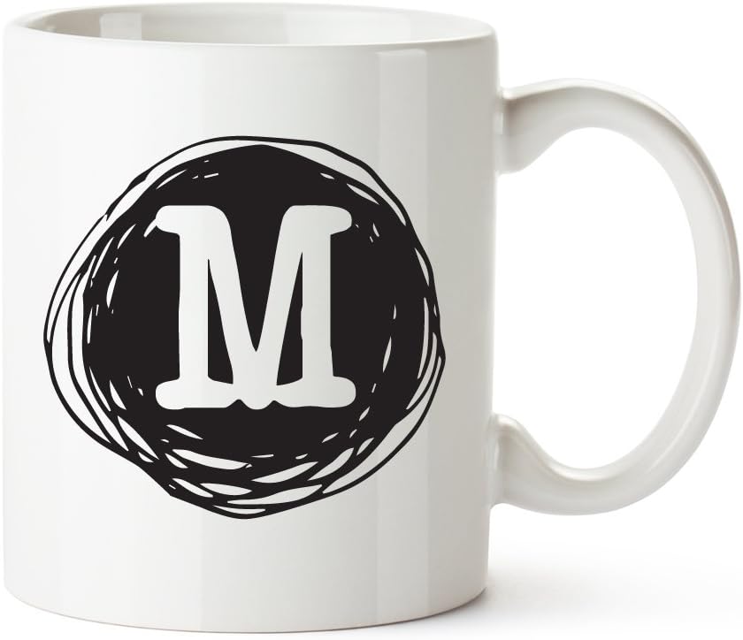 Black Circle Drawing Initial Ceramic White Coffee Mug, Letter M