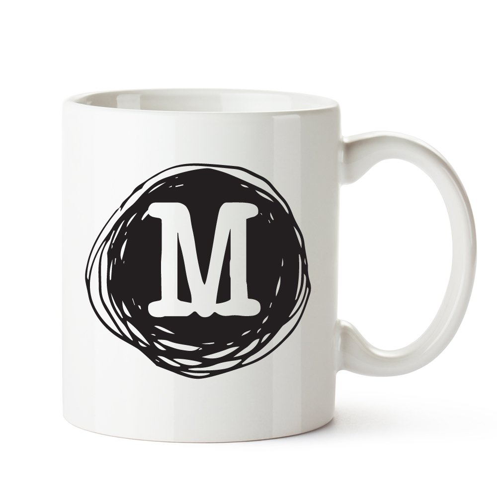 Black Circle Drawing Initial Ceramic White Coffee Mug, Letter M