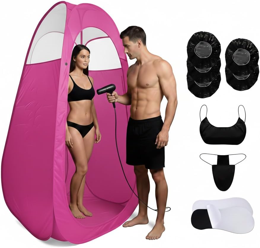 22 Pcs Spray Tan Tent Set, Pop Up Portable Professional Mobile Self Tanning Tent Booth with Carry Bag & Waterproof Floor, Large Taner Spray with Vent Opening (78.4 * 47.2 * 47.2 inches，Pink)