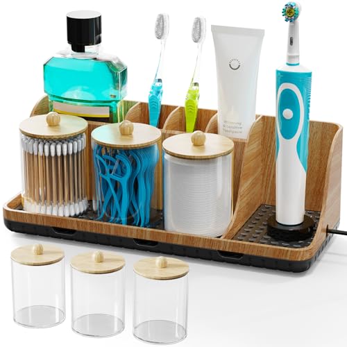 Bathrooms Toothbrush Holder Set with 3 PCS Qtip Holder (Wood Grain)