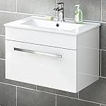 iBathUK Avon Wall Hung Vanity Unit with Basin, Slim Edge Ceramic Wash Basin for Bathroom Furniture, Storage Cabinet with 2 Doors- Gloss White (Flat Pack)