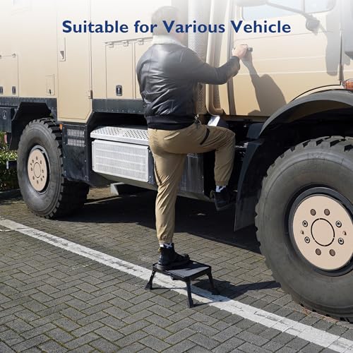 Image of BONTEC Adjustable Folding Step Stool - Sturdy Metal, 330lbs Capacity, Wide Non-Slip Single Step for Adults & Children. Ideal for Kitchen, Bathroom, RV, Camping, Office.
