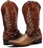 Enzo Romeo JVN Men's Dress Ankle Mid Calf Western Cowboy Boots Alligator Prints Side Zipper Removable Chain Low Heel (Brown, US Footwear Size System, Adult, Men, Numeric, Medium, 10)