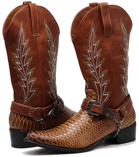 Enzo Romeo JVN Men's Dress Ankle Mid Calf Western Cowboy Boots Alligator Prints Side Zipper Removable Chain Low Heel