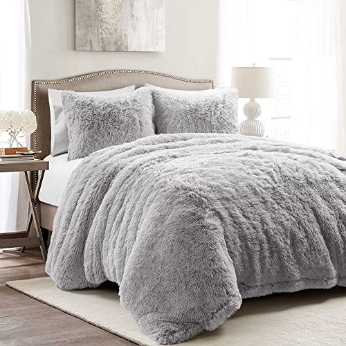 Lush Decor Emma Faux Fur Soft Fluffy Oversized Duvet Cover Set, Full/Queen, Light Gray - Warm Plush 3 Piece Bedding Set