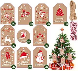 Christmas Gift Tags, 100 Pcs Brown Kraft Paper Tags Card with Cotton String and Twine String, Small Xmas Present Labels Hanging Tags with String for Christmas Gifts Wrapping DIY Craft Decoration