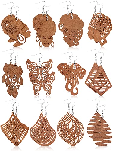 12 Pairs African Wooden Earrings for Women Bohemian Wood Ethnic Dangle Drops Bulk(Stylish Style)