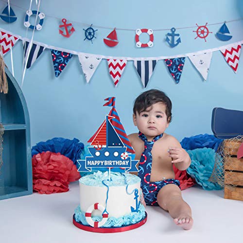 Giltter Sailboat Happy Birthday Cake Topper,Ocean Sailing Cake Decor,Nautical Theme Party Decorations For Kids Birthday Party Baby Shower #TOP4