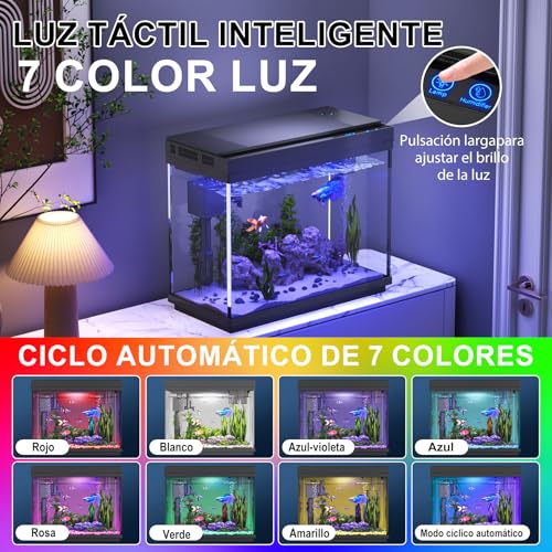 Vehipa Acuarios de Pecera, Peceras de Cristal de 9L con Humidificador Inteligente, Indicador de Temperatura, Sistema de Filtración Silencioso 3 en 1, Iluminación de 7 Colores - imagen 4