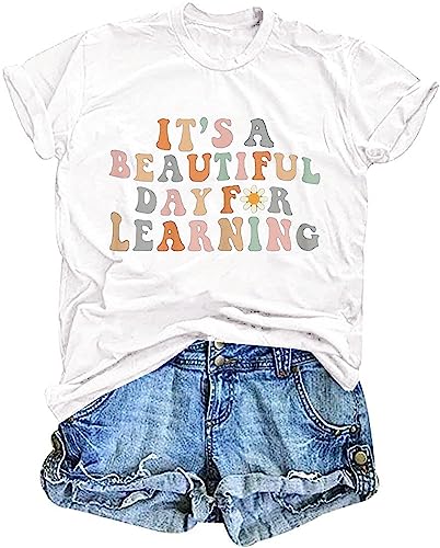 Camisa retro para profesor para mujer, es un hermoso día para aprender, camiseta divertida de regreso a la escuela, blanco 1, XX-Large