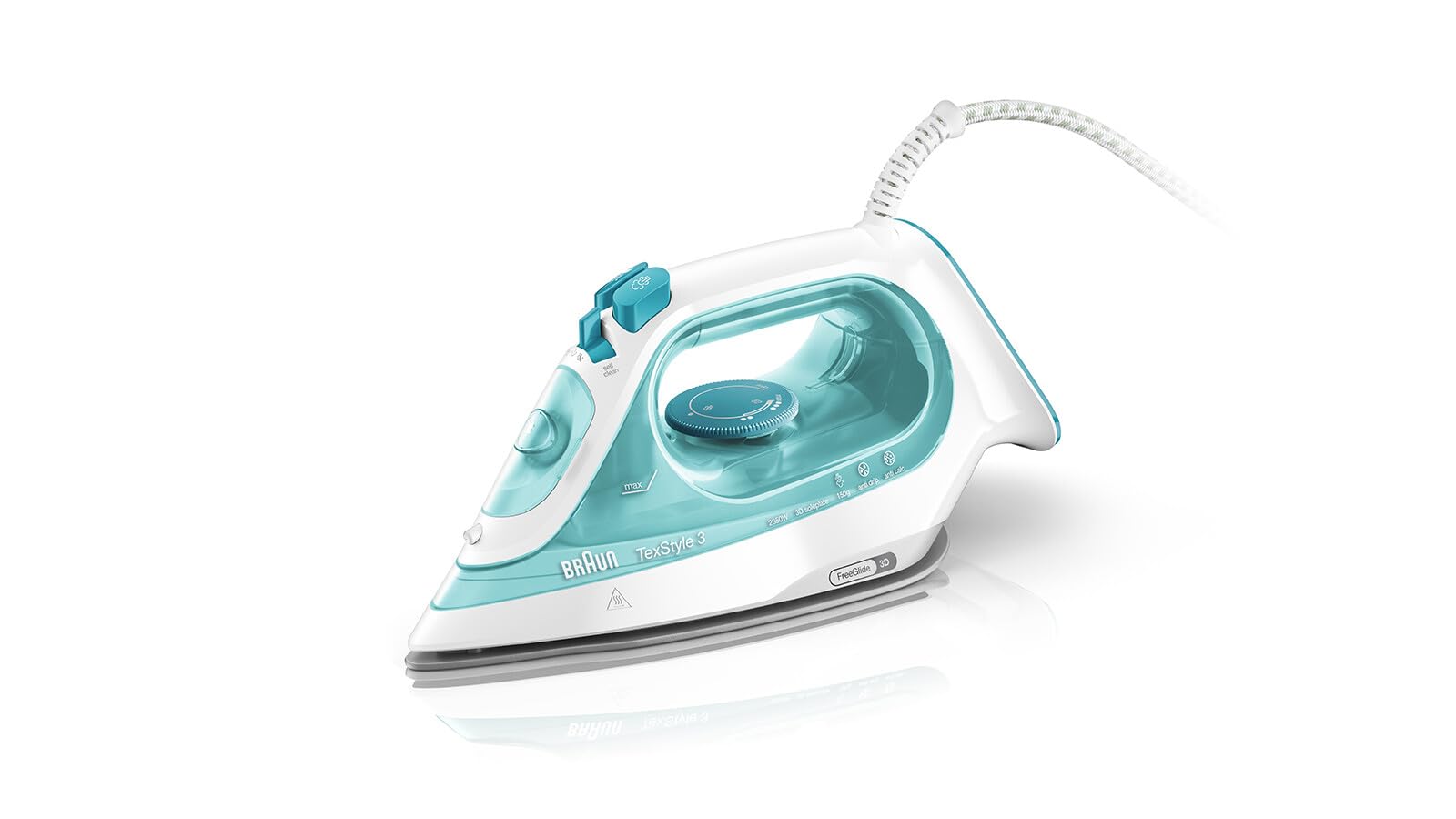 Braun TexStyle3 SI3041GR Ferro da Stiro a Vapore con 5 Anni di Assistenza, Piastra in Ceramica, Stiratura in Verticale, Punta di Precisione, Getto di Vapore 150g/min, Potenza 2350watt, Bianco/Celeste