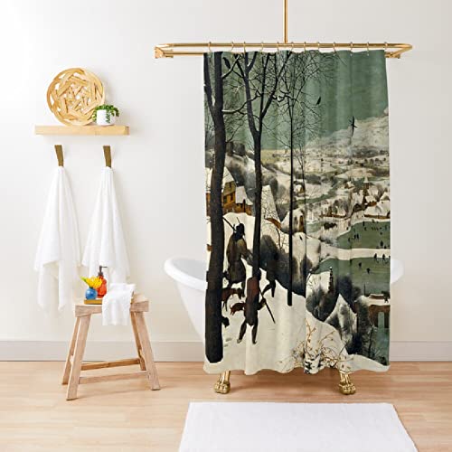 Jäger-Schneejagd-Duschvorhang mit Tiermotiven, Haustieren, Welpen, Dorf, Retro, Vintage-Stil, Winter, Herbst für Duschen, Badewannen, Duschkabinen, Schlafsaal
