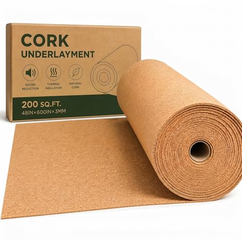 200 Sq. Ft. Cork Roll 48 x 600 Inch Cork Underlayment Roll Sound Insulation Mildew and Moisture Proof for Office Home School DIY Supplies(3mm Thick)