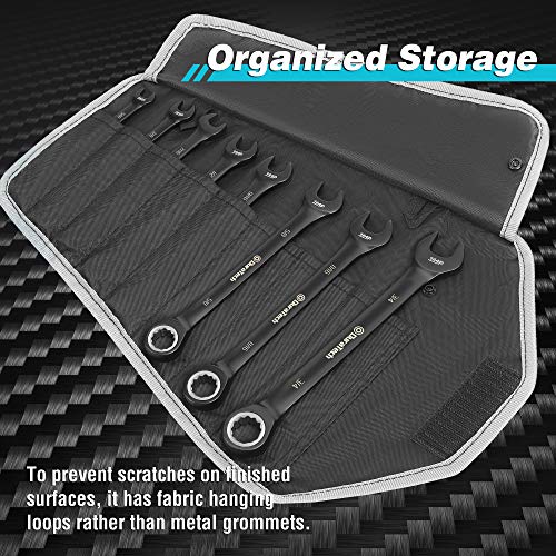 Duratech Ratcheting Combination Wrench Set, 144-P, Double-Stacked Pawls, 8-Piece, Sae, 5/16'' To 3/4'', Cr-V Steel, Black Chrome Plated, With Organizer Pouch #TOP5