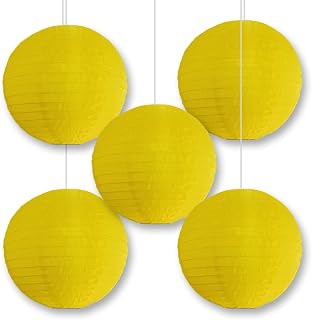 Quasimoon Paperlanternstore.com 5 Pack - 14 Inch Yellow Nylon Lantern, Even Ribbing, Durable, Hanging Party Decoration Combo Set