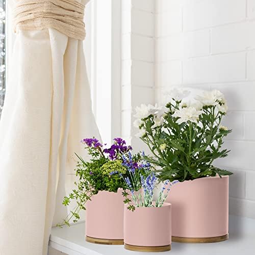 Olly & Rose Set 3 Ceramic Plant Pots with Bamboo Coasters Pastel Pink Indoor Planters Ceramic Flower Pots Containers Outdoor Large, Medium, Small with saucers