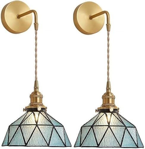 Tiffany Wall Sconces Battery Operated Set of 2,Indoor Wireless Wall Lights with Remote,Blue Glass shade Vintage Hanging Wall Lighting Fixture Wall Decor for Bedroom Bathroom Living Room Hallway