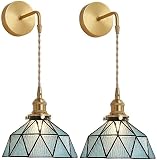 Tiffany Wall Sconces Battery Operated Set of 2,Indoor Wireless Wall Lights with Remote,Blue Glass sh